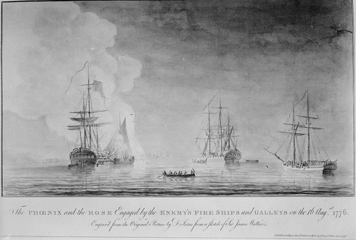 The Phoenix and the Rose engaged by the enemy's fire ships and galleys on Aug. 16, 1776