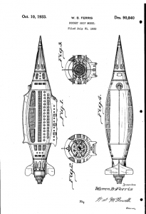 Patent drawing of a rocket by Warren Ferris