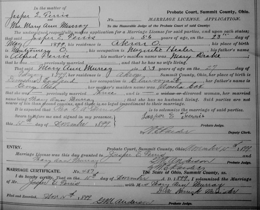 copy of the marriage license between Jasper E. Ferris and Mary Ann Murray